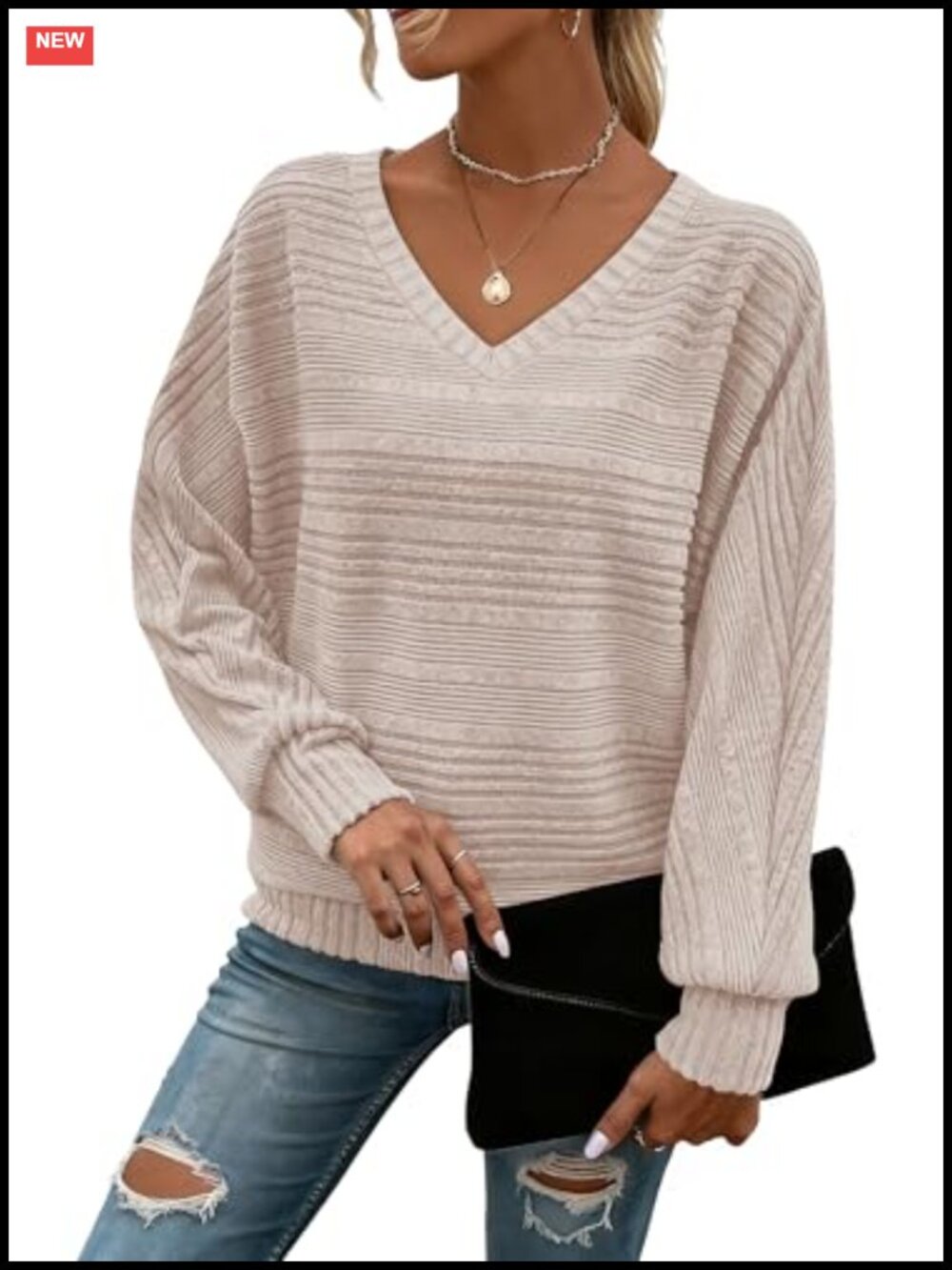 Long Sleeve Tunic Top Sweater V-Neck Batwing Loose Fit